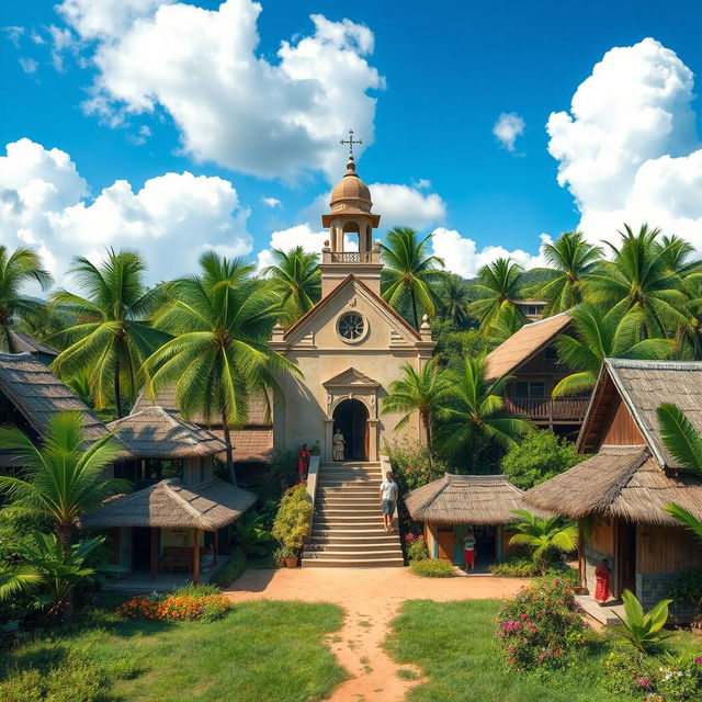 A small tropical rural village featuring a central church surrounded by traditional peasant houses