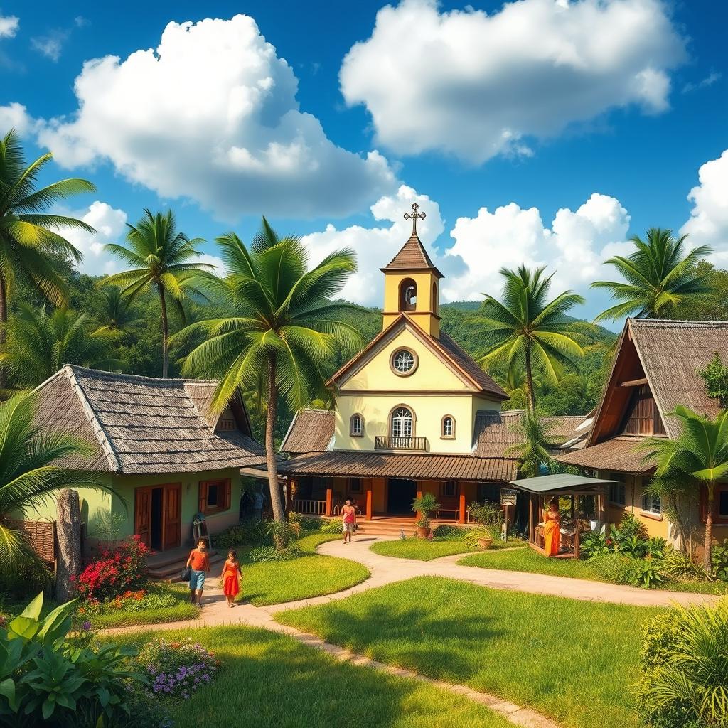 A small tropical rural village featuring a central church surrounded by traditional peasant houses