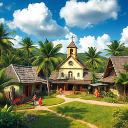 A small tropical rural village featuring a central church surrounded by traditional peasant houses