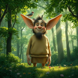 A giant with oversized ears standing in a lush, green forest