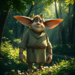 A giant with oversized ears standing in a lush, green forest