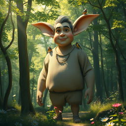 A giant with oversized ears standing in a lush, green forest