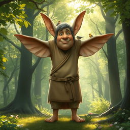 A giant with oversized ears standing in a lush, green forest