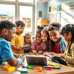 A diverse group of students with unique characteristics, representing different learning styles, actively interacting and collaborating in a vibrant classroom setting