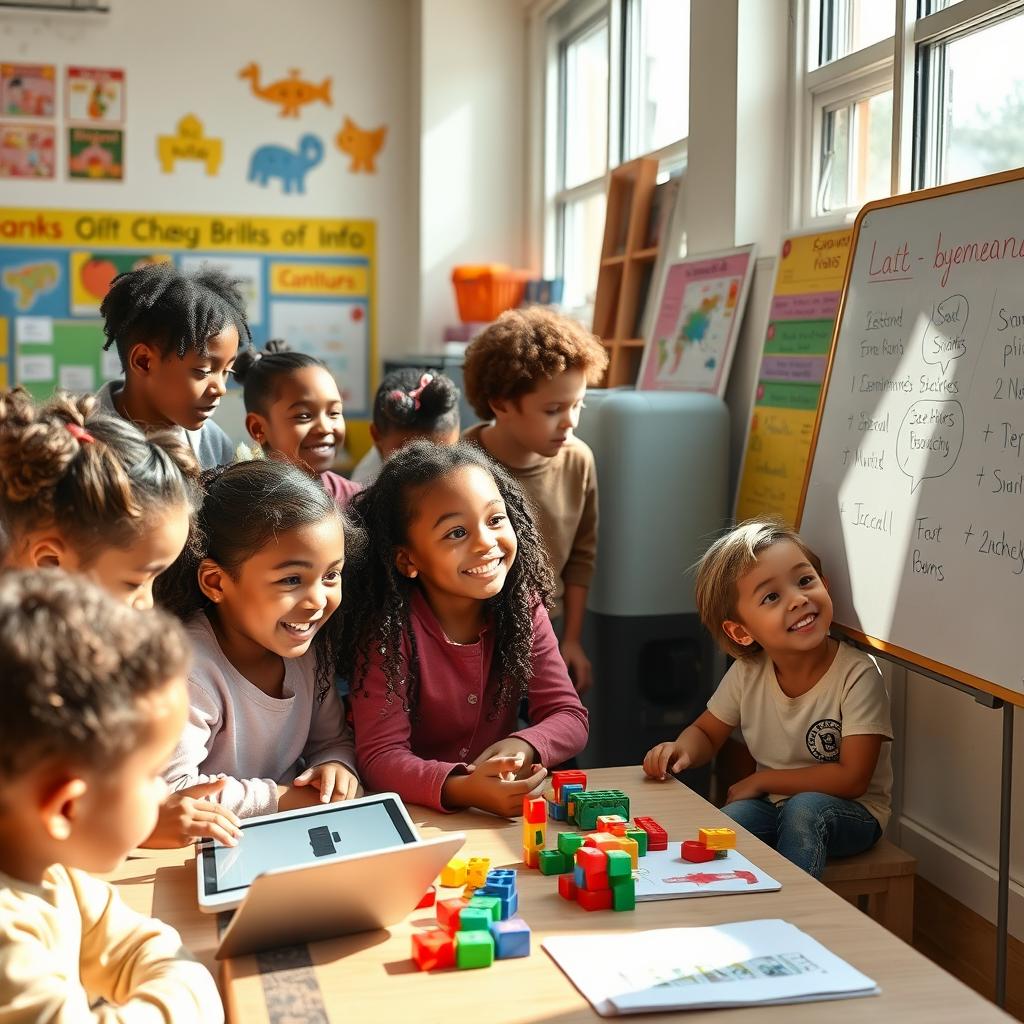 A diverse group of students with unique characteristics, representing different learning styles, actively interacting and collaborating in a vibrant classroom setting