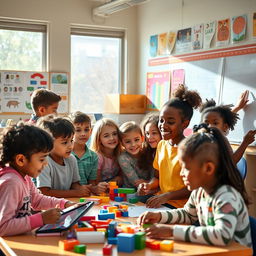 A diverse group of students with unique characteristics, representing different learning styles, actively interacting and collaborating in a vibrant classroom setting