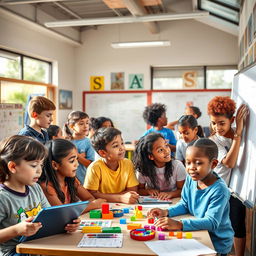 A diverse group of students with unique characteristics, representing different learning styles, actively interacting and collaborating in a vibrant classroom setting