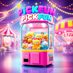 A vibrant and engaging poster design featuring a U-shaped claw machine named 'PICKFUN'