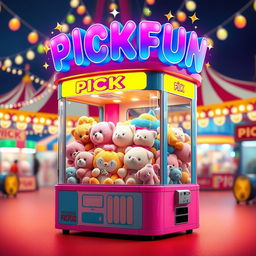 A vibrant and engaging poster design featuring a U-shaped claw machine named 'PICKFUN'