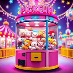 A vibrant and engaging poster design featuring a U-shaped claw machine named 'PICKFUN'