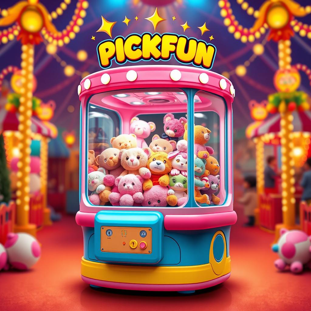 A vibrant and engaging poster design featuring a U-shaped claw machine named 'PICKFUN'