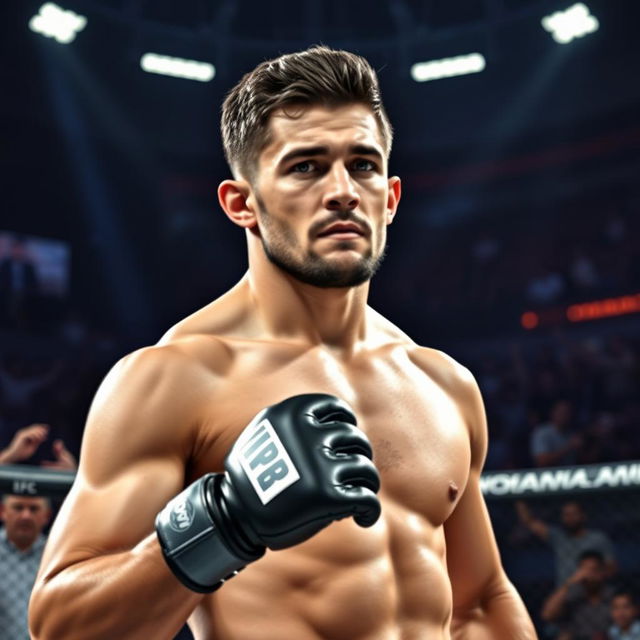 A portrait of Islam Makhachev, the professional mixed martial artist, showcasing his athletic build and focused expression