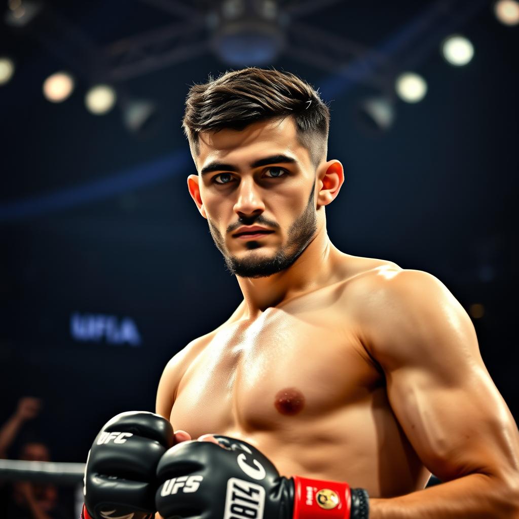 A portrait of Islam Makhachev, the professional mixed martial artist, showcasing his athletic build and focused expression