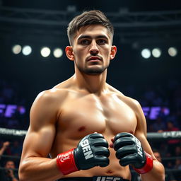 A portrait of Islam Makhachev, the professional mixed martial artist, showcasing his athletic build and focused expression