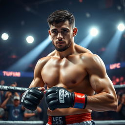 A portrait of Islam Makhachev, the professional mixed martial artist, showcasing his athletic build and focused expression