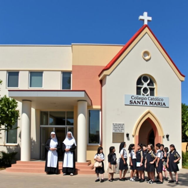 A modern school building with an attached chapel on the right side, featuring a sign that reads 'Colegio Católico Santa María'