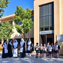 A modern school building with an attached chapel on the right side, featuring a sign that reads 'Colegio Católico Santa María'