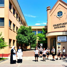 A modern school building with an attached chapel on the right side, featuring a sign that reads 'Colegio Católico Santa María'