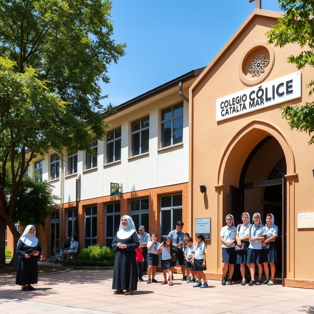 A modern school building with an attached chapel on the right side, featuring a sign that reads 'Colegio Católico Santa María'