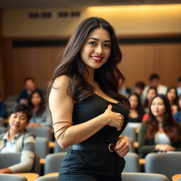 A stunningly attractive woman of mixed South Korean and European descent, featuring a voluptuous figure and large bust, exuding charm and confidence as she stands in a college lecture hall