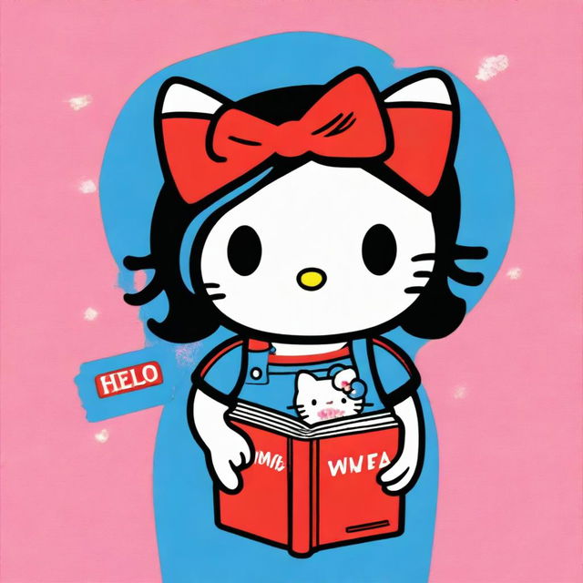 This is a colorful digital art image featuring the adorable character, Hello Kitty, holding an album by Lana Del Rey