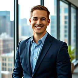 A professional LinkedIn profile photo of a 28-year-old man dressed in a smart business suit, standing confidently in an urban office environment