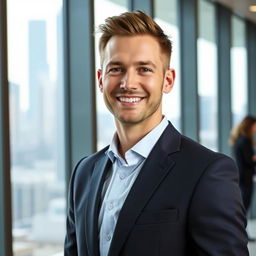 A professional LinkedIn profile photo of a 28-year-old man dressed in a smart business suit, standing confidently in an urban office environment
