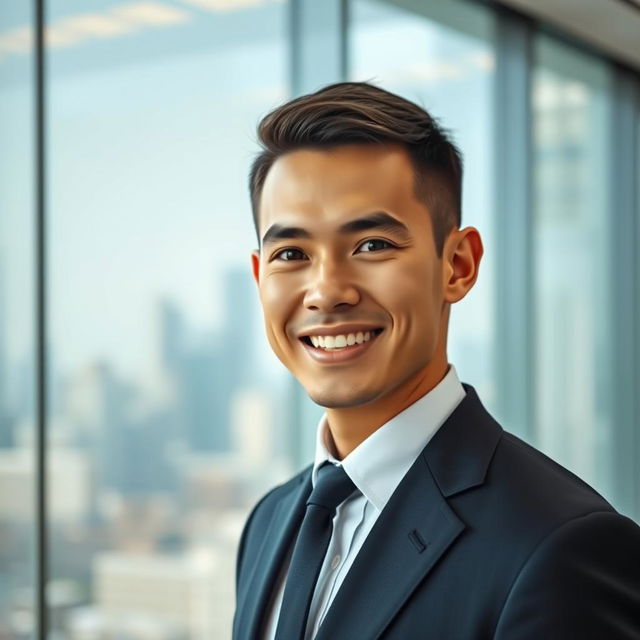 A professional LinkedIn profile photo of a 28-year-old man dressed in a smart business suit, standing confidently in an urban office environment