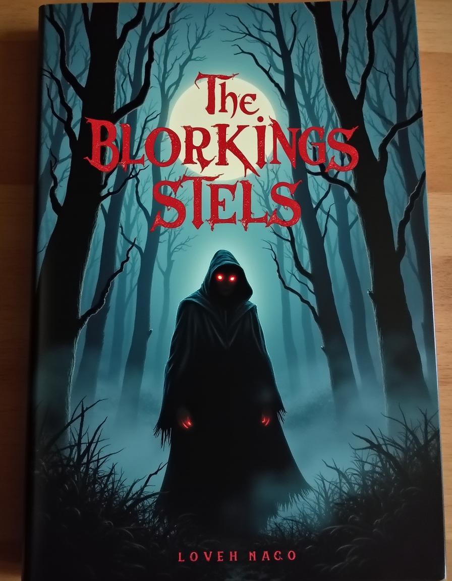 A chilling horror book cover featuring a dark, ominous forest under a full moon