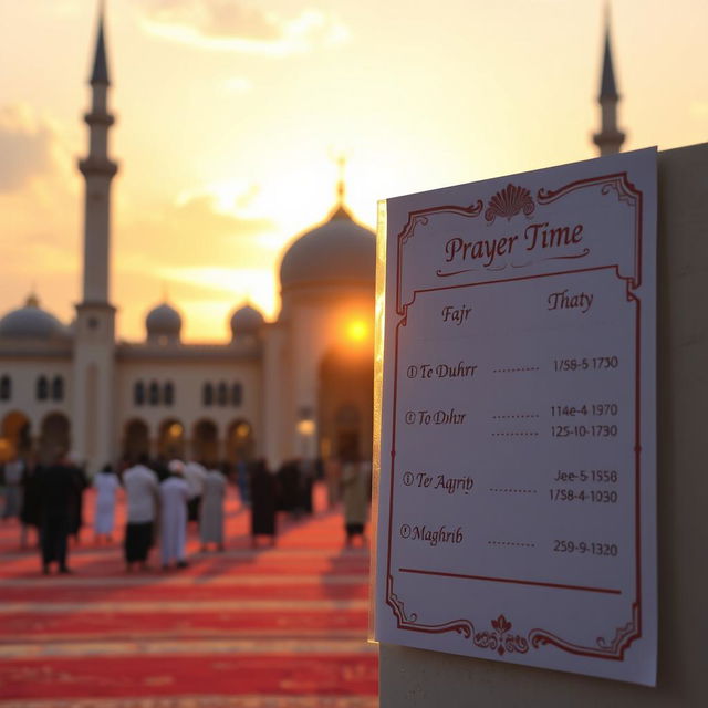 A serene image depicting the Islamic prayer times with an elegant mosque in the foreground, bathed in warm golden light during sunset