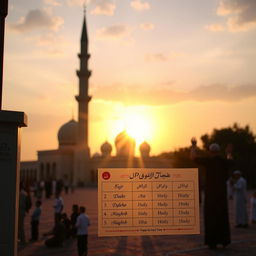 A serene image depicting the Islamic prayer times with an elegant mosque in the foreground, bathed in warm golden light during sunset