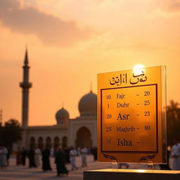 A serene image depicting the Islamic prayer times with an elegant mosque in the foreground, bathed in warm golden light during sunset