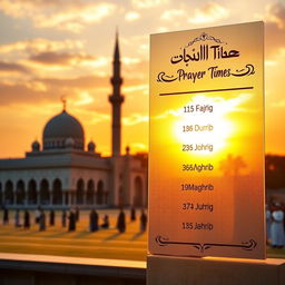 A serene image depicting the Islamic prayer times with an elegant mosque in the foreground, bathed in warm golden light during sunset