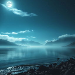 A stunning landscape of a distant mountain range under a starry sky, the mountains shrouded in a mystical mist, creating an atmosphere of wonder and inaccessibility