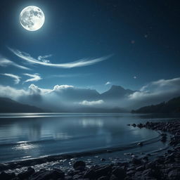 A stunning landscape of a distant mountain range under a starry sky, the mountains shrouded in a mystical mist, creating an atmosphere of wonder and inaccessibility