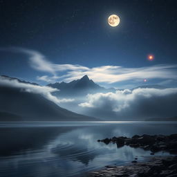 A stunning landscape of a distant mountain range under a starry sky, the mountains shrouded in a mystical mist, creating an atmosphere of wonder and inaccessibility