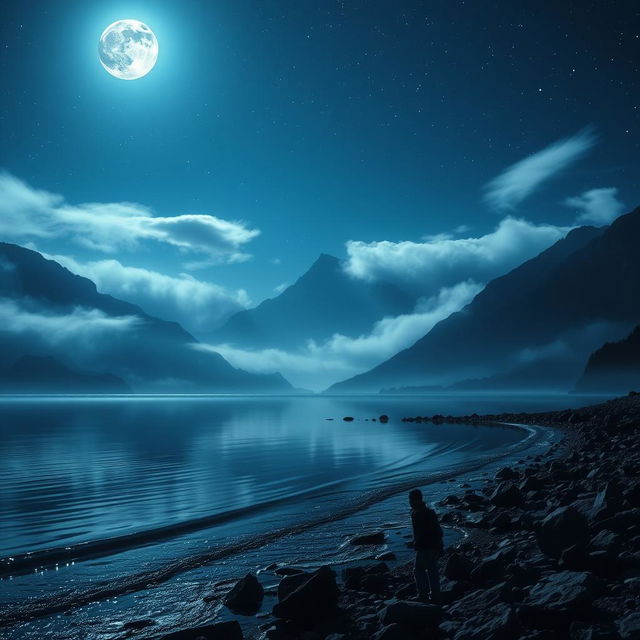 A stunning landscape of a distant mountain range under a starry sky, the mountains shrouded in a mystical mist, creating an atmosphere of wonder and inaccessibility