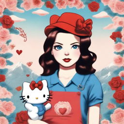 This is a high-quality digital art image of Hello Kitty reimagined in the style of Lana Del Rey's album covers