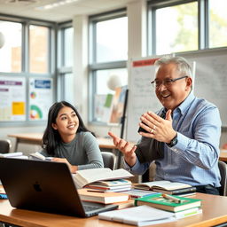 A university student engaged in a lively discussion with a professor, both seated at a desk covered in textbooks and a laptop