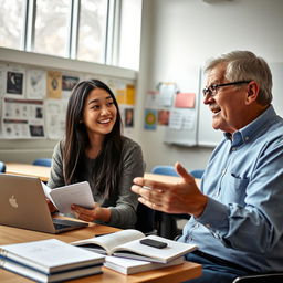 A university student engaged in a lively discussion with a professor, both seated at a desk covered in textbooks and a laptop