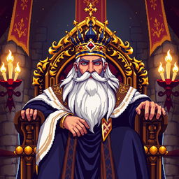 A detailed pixel art rendering of a majestic king sitting on a grand throne, adorned with a royal crown and elegant robes
