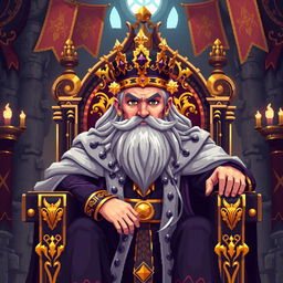 A detailed pixel art rendering of a majestic king sitting on a grand throne, adorned with a royal crown and elegant robes
