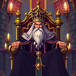 A detailed pixel art rendering of a majestic king sitting on a grand throne, adorned with a royal crown and elegant robes