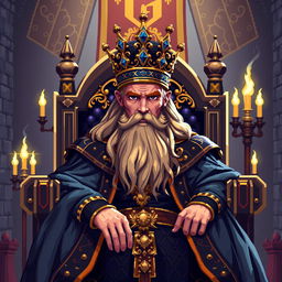 A detailed pixel art rendering of a majestic king sitting on a grand throne, adorned with a royal crown and elegant robes