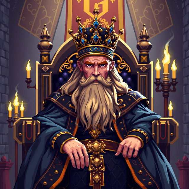 A detailed pixel art rendering of a majestic king sitting on a grand throne, adorned with a royal crown and elegant robes