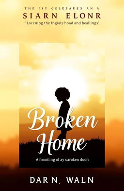 A visually striking book cover design titled 'Broken Home' featuring a silhouette of a single child set against a beautiful earth tone background