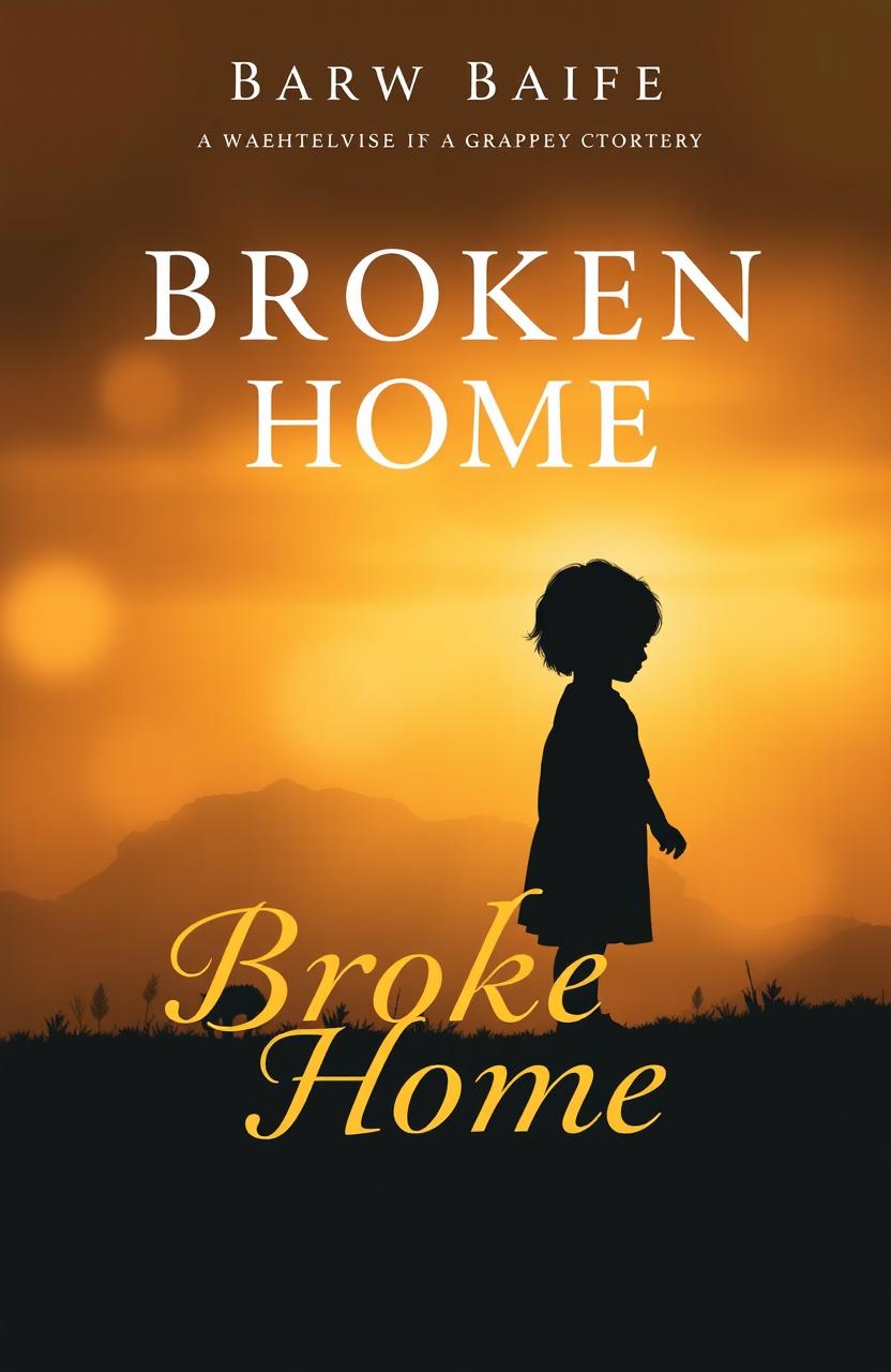 A visually striking book cover design titled 'Broken Home' featuring a silhouette of a single child set against a beautiful earth tone background
