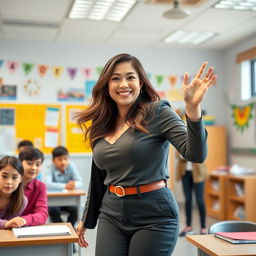 A 26-year-old stunningly beautiful woman of mixed South Korean and European descent, with a voluptuous figure and large bust, playfully interacting with her high school students in a bright, modern classroom