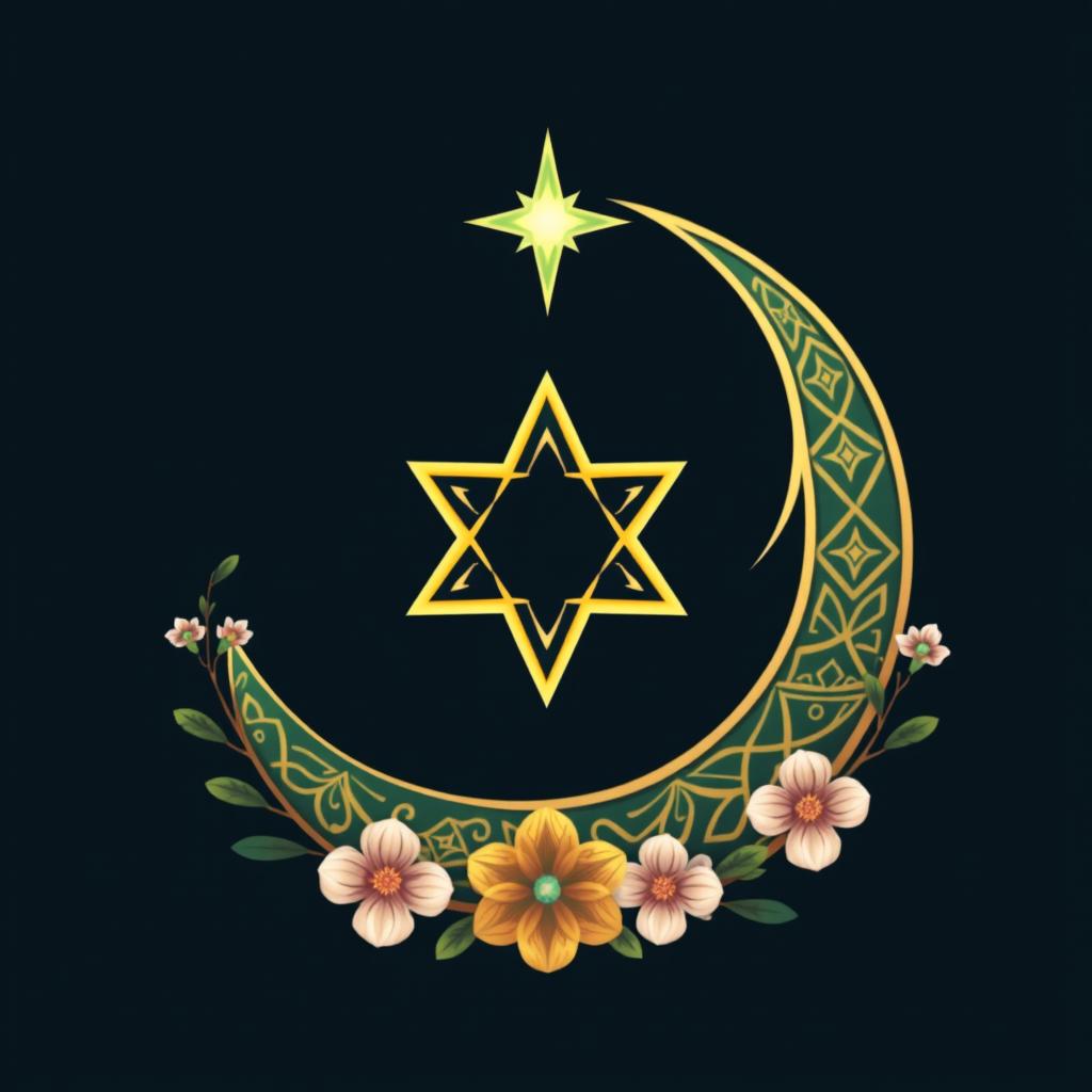 An artistic depiction of the Islamic symbol, which features a crescent moon and a star