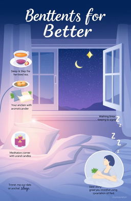 A visually appealing and informative representation of concepts for better sleep, featuring elements such as a dreamy bedroom scene with soft lighting, fluffy pillows, a cozy blanket, calming colors like blue and lavender, an open window showing a starry night sky, and subtle illustrations of sleep-related tips like a cup of herbal tea, a meditation corner with aromatic candles, and a peaceful person relaxing in bed